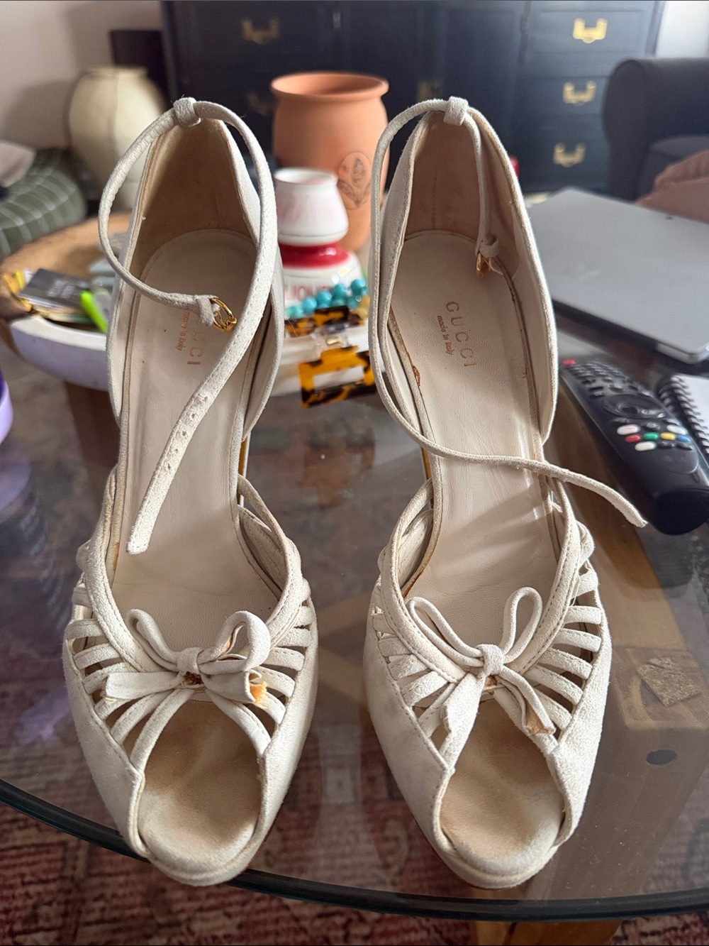 Gucci Cream Suede Peep-Toe Ankle-Tie Heels
